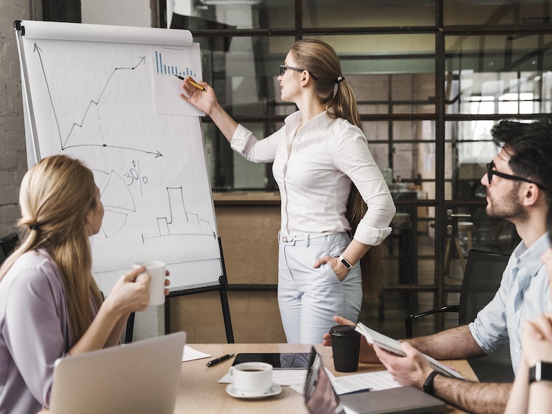 Mehrere Personen in einem Raum die auf ein Flipchart schauen. Darauf ist ein aufseigendes Diagram abgebildet
